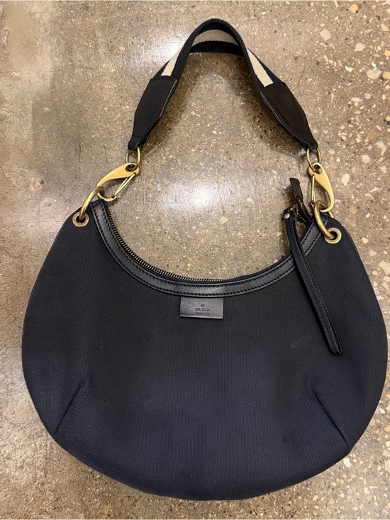 Gucci Handbags - Gucci Black Canvas Crescent Shoulder Bag with Striped Strap